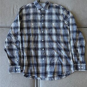 Express Men's Linen/Cotton Navy and White Plaid Button Down Shirt - Large